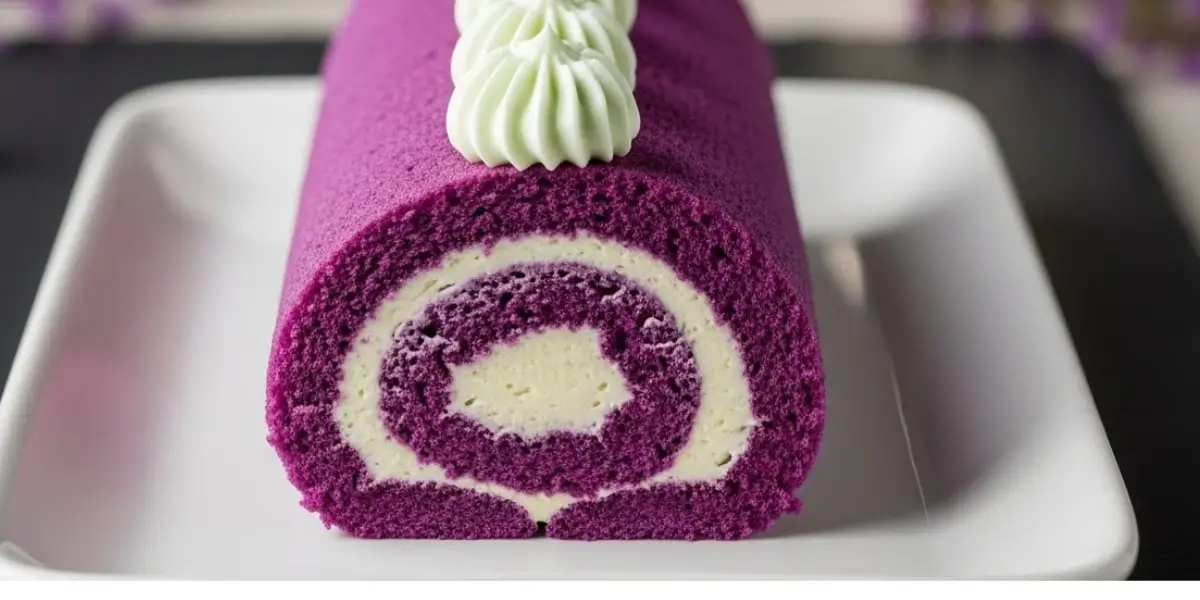 Sliced ube roll cake with purple sponge and white cream filling on a white plate