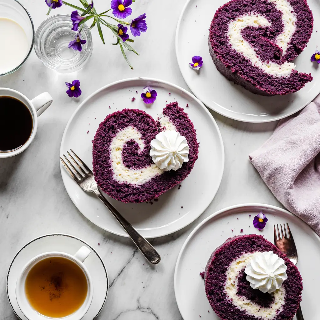 Sliced ube roll cake with purple sponge and white cream filling on a white plate