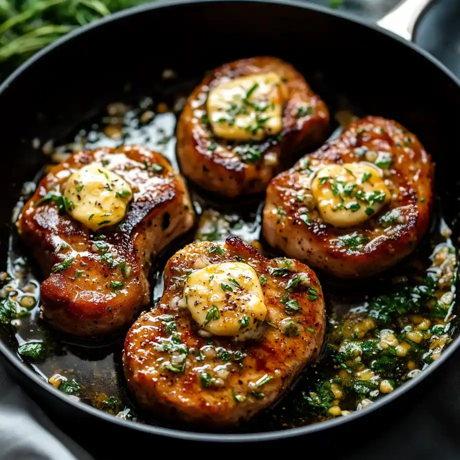 Four perfectly seared bone-in pork chops in a black cast iron skillet topped with melting garlic butter, minced garlic cloves, and fresh green parsley and chives garnish