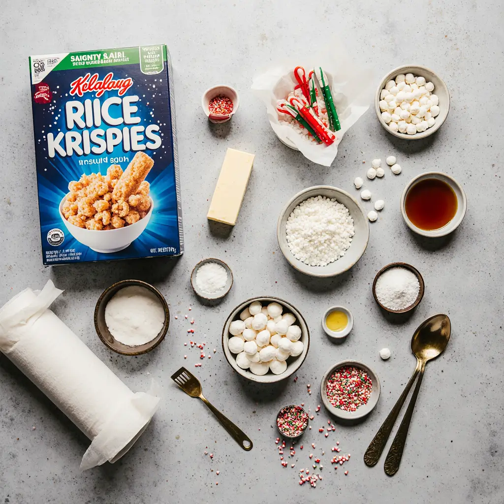 Christmas Rice Crispy Treats ingredients including Rice Krispies cereal, butter, marshmallows, red and green food coloring, and holiday decorations