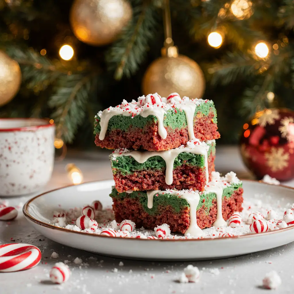 Individual servings of Christmas Rice Crispy Treats decorated with white chocolate, candy canes, and powdered sugar on a festive plate with hot cocoa