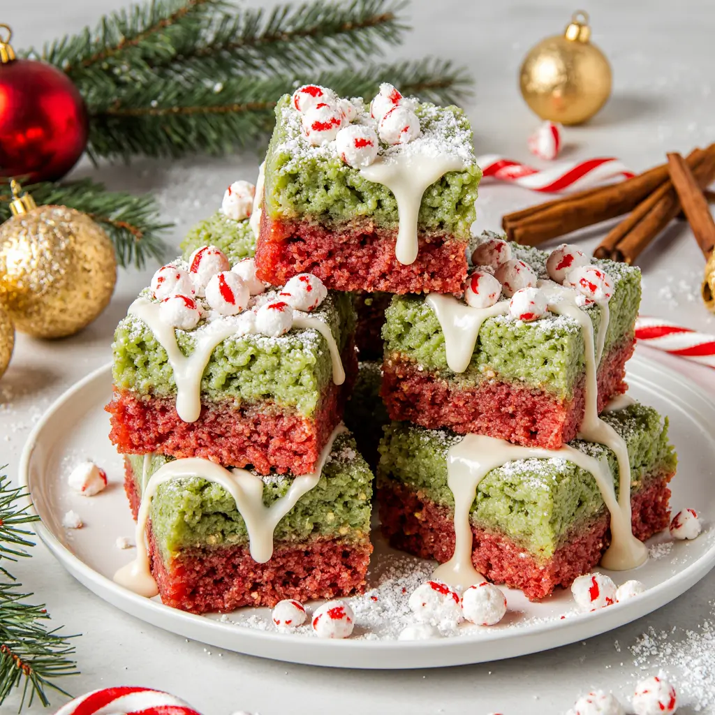 Individual portions of crispy Christmas rice pudding decorated with white chocolate, candy sticks, and powdered sugar on a festive plate with hot cocoa