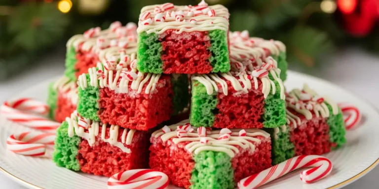 Festive red and green layered Christmas Rice Crispy Treats stacked on a white plate with holiday decorations, crushed candy canes, and powdered sugar