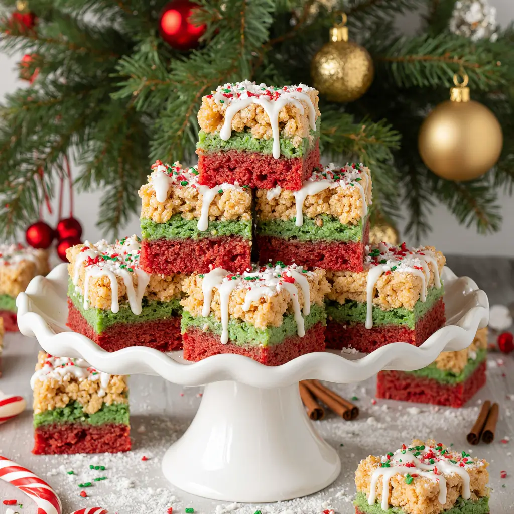 Individual servings of Christmas Rice Crispy Treats decorated with white chocolate, candy canes, and powdered sugar on a festive plate with hot cocoa