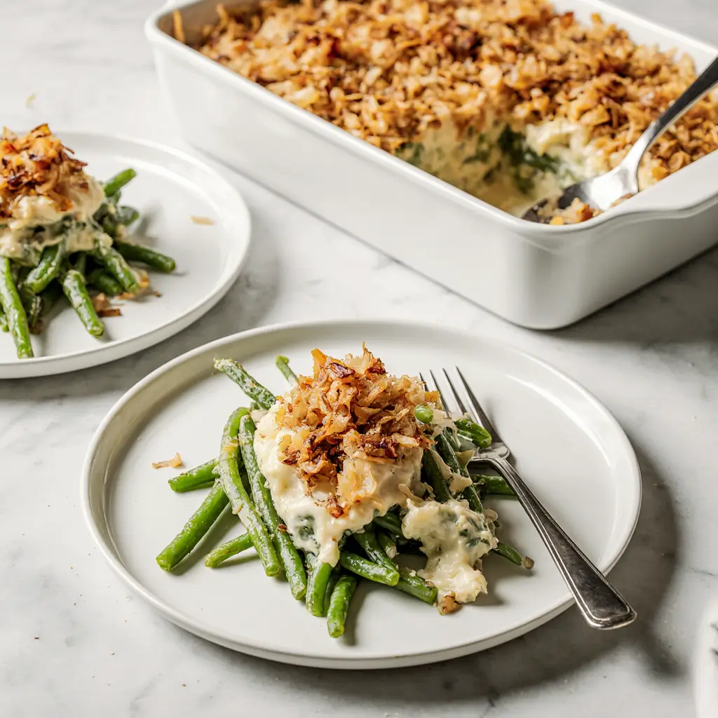 Multiple plated servings of green bean casserole on different ceramic plates arranged on a formal dinner table setting with napkins, silverware, and wine glasses