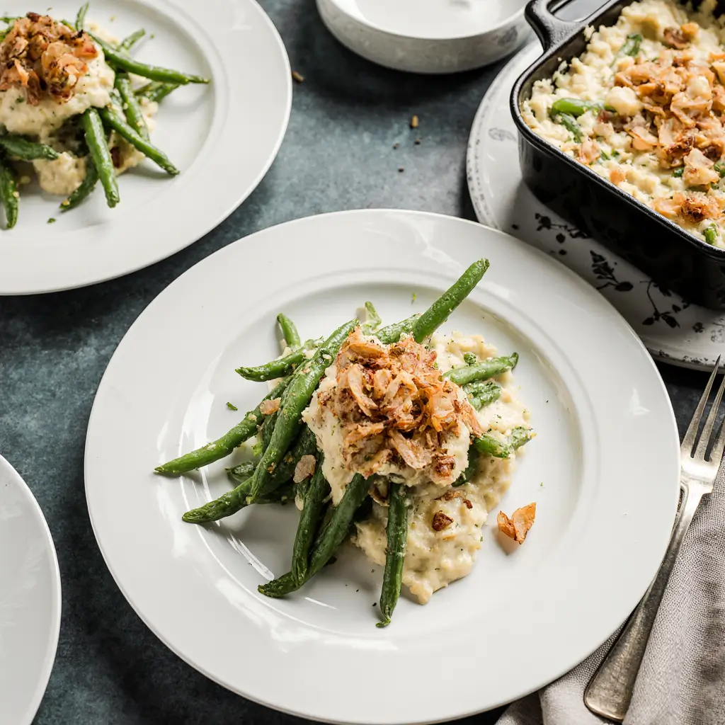 Multiple plated servings of green bean casserole on different ceramic plates arranged on a formal dinner table setting with napkins, silverware, and wine glasses