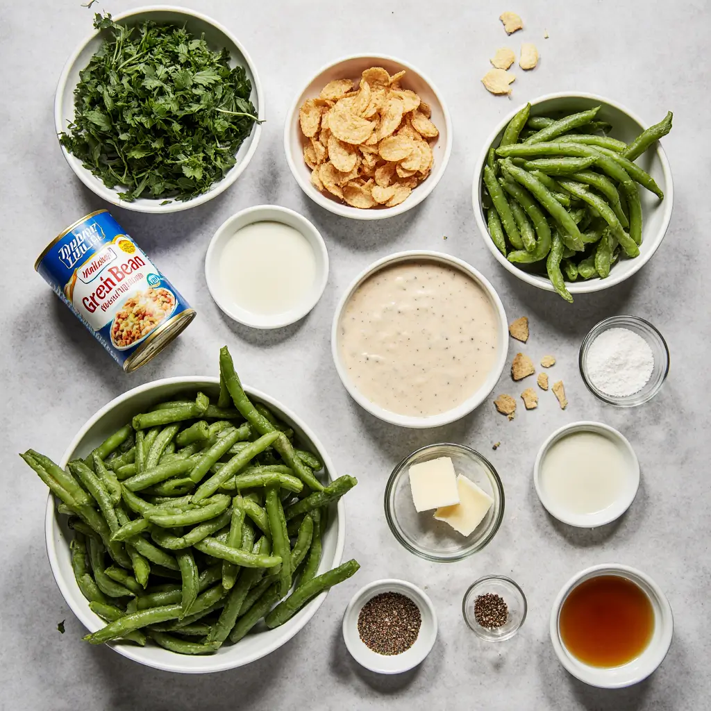 Flat lay arrangement of green bean casserole ingredients including fresh green beans, cream of mushroom soup, cheddar cheese, fried onions, mushrooms, and fresh herbs on a light marble surface
