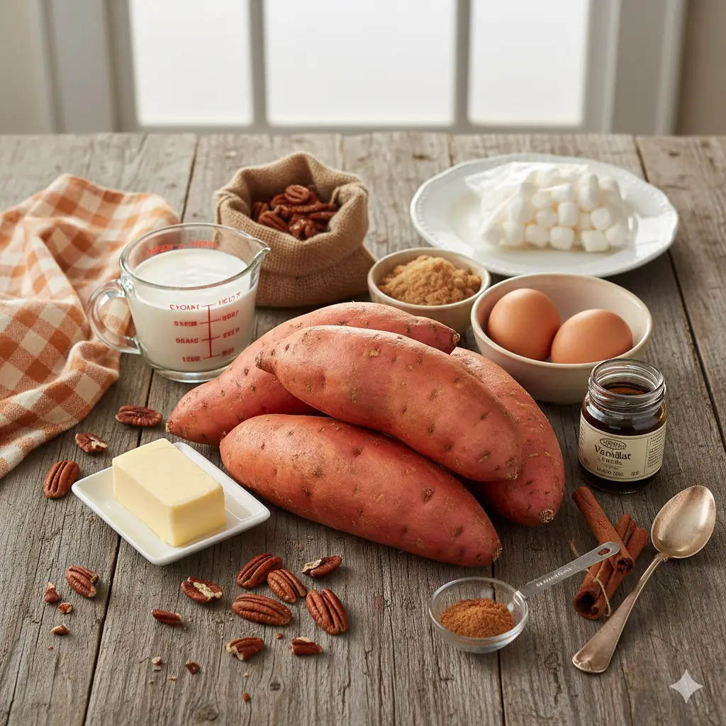 Serving spoon scooping a portion of sweet potato casserole out of the baking dish, showing the creamy texture.