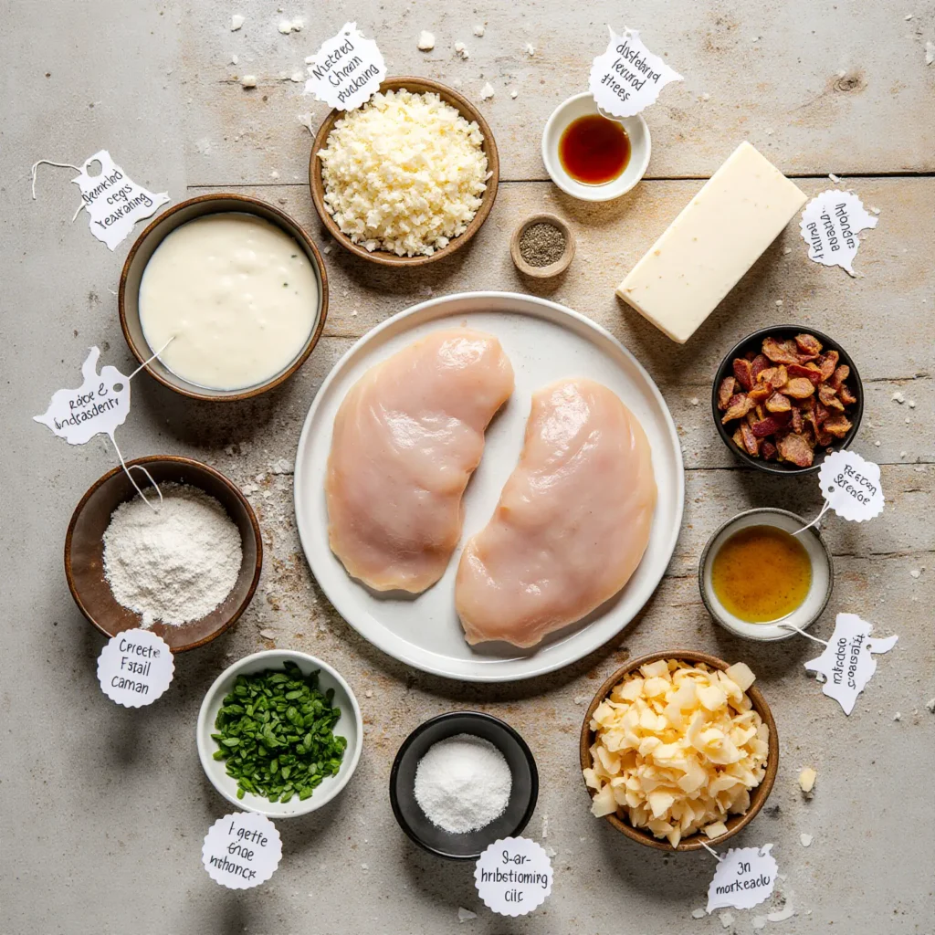 Flat lay of crack chicken recipe ingredients—chicken breasts, cream cheese, cheddar, bacon, and ranch seasoning