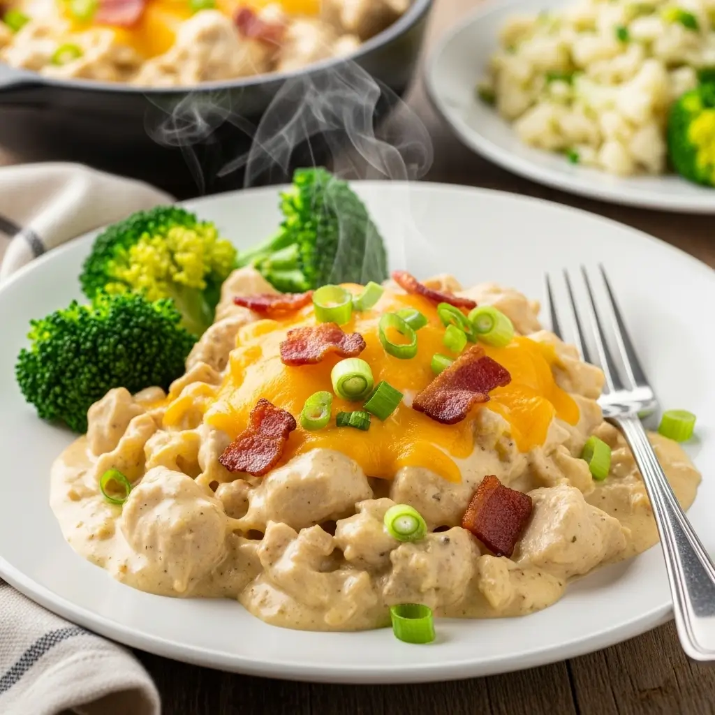 Served plate of crack chicken garnished with bacon and cheese next to steamed broccoli
