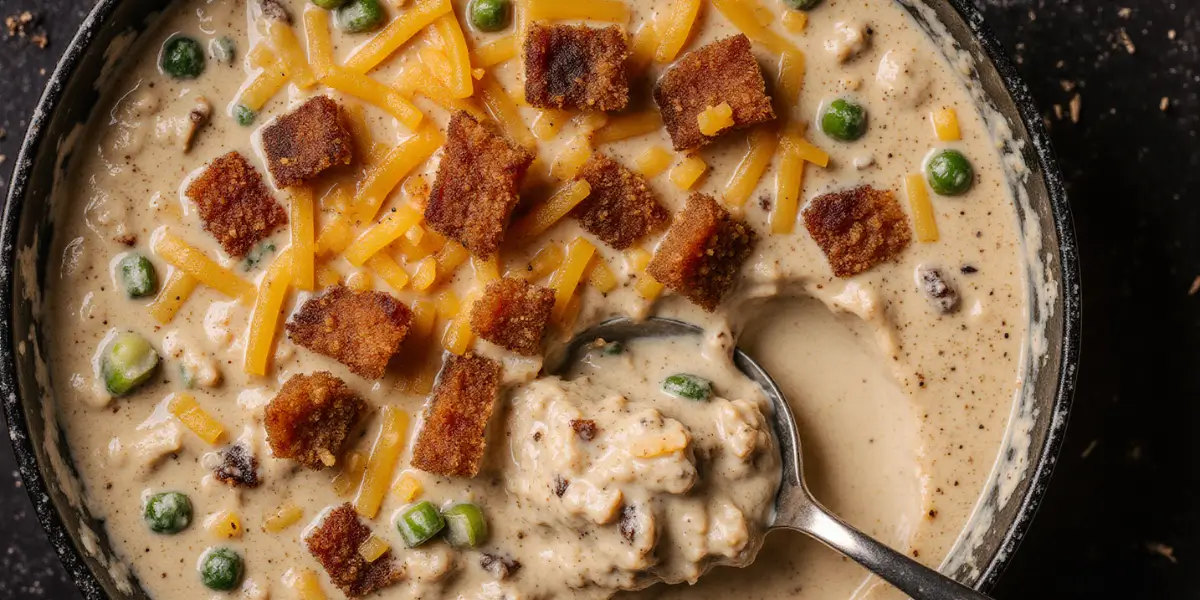 Creamy crack chicken with melted cheddar, bacon, and green onions in a rustic bowl