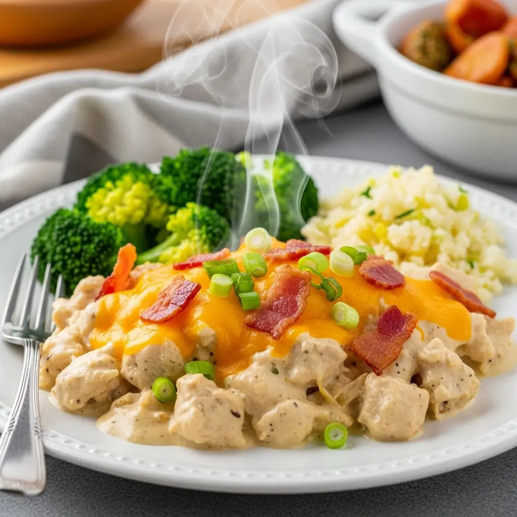 Served plate of crack chicken garnished with bacon and cheese next to steamed broccoli